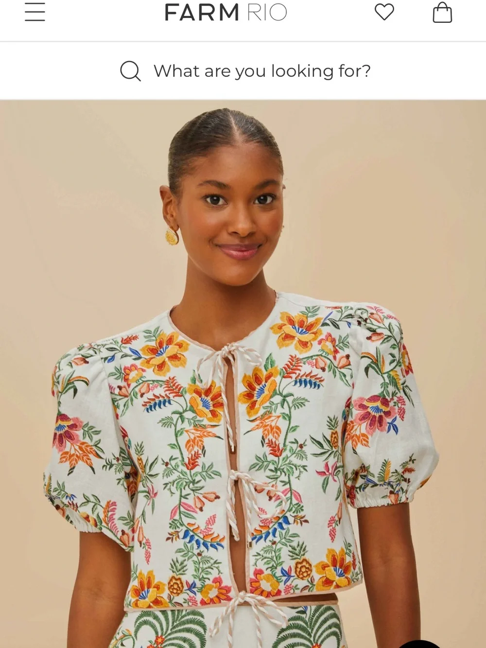 Farm Rio White Floral Embroidered Tie-Front Top